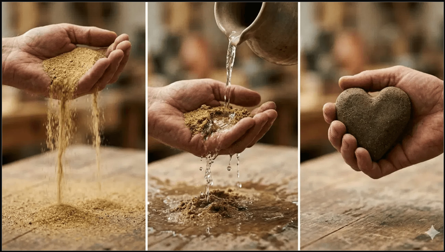 Da terra seca à vida: mãos recebendo terra, água e um coração